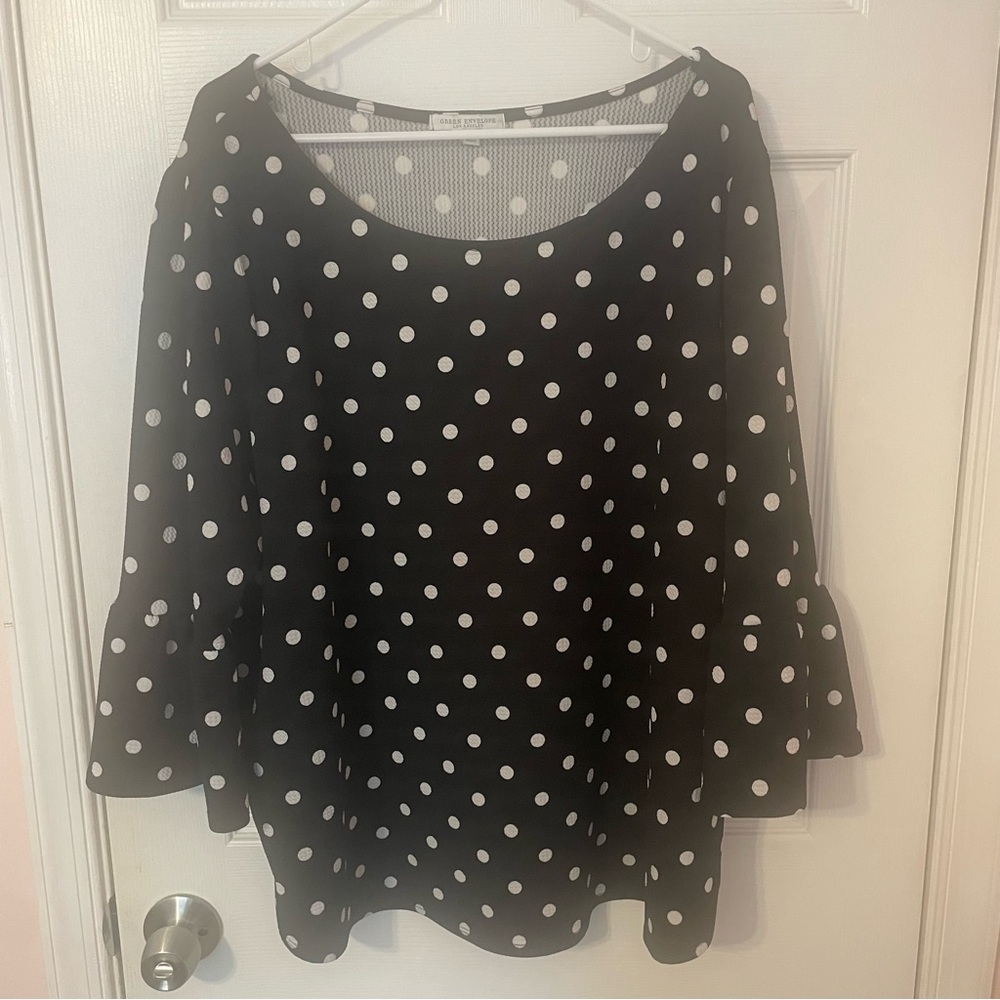 Black and White Polka Dot Women's Top with Bell Sleeve - Picture 1 of 5